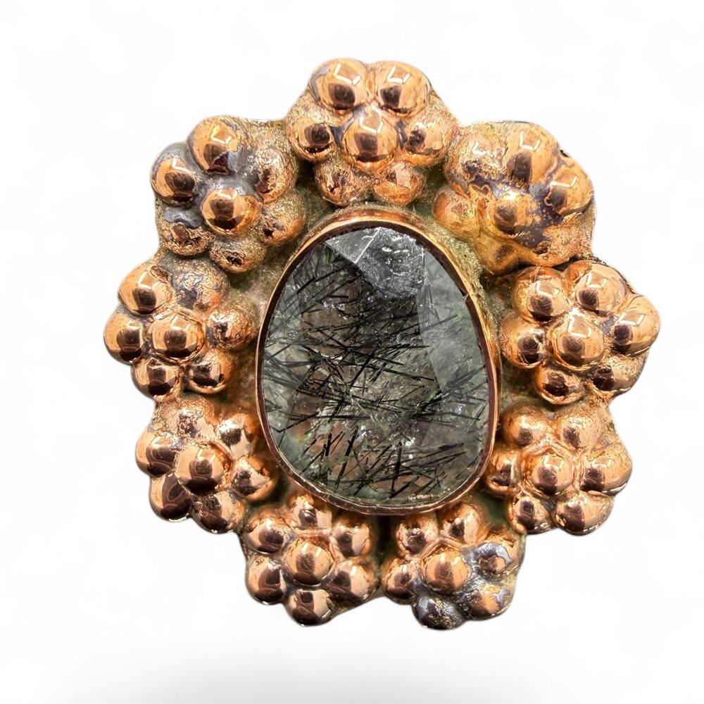 Black Rutilated Quartz Ring Handmade Copper Flower Size 8 Artisan Crafted Flower